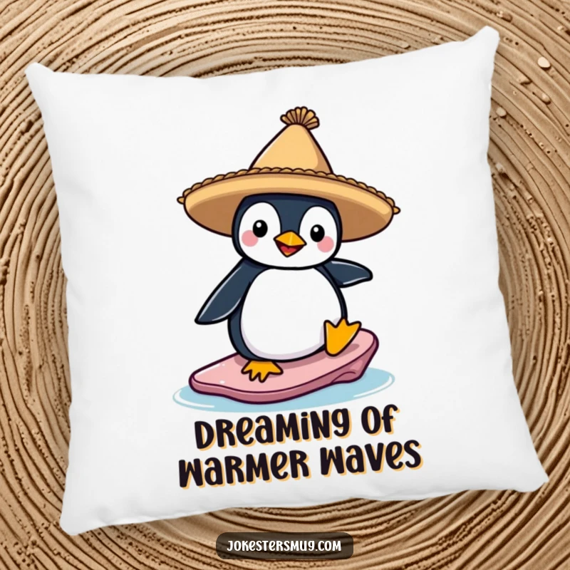 Funny pillow illustration of a penguin in a sombrero attempting to surf on a melting ice floe, a comical and soft home decor accent.