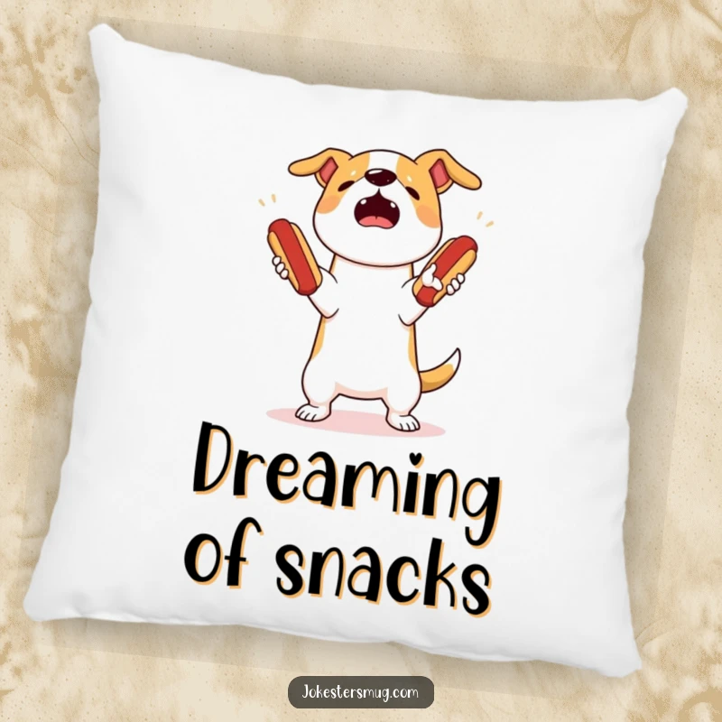 Funny dog juggling pillow depicting a startled dog attempting to juggle three bouncing hot dogs, dropping them all comically.