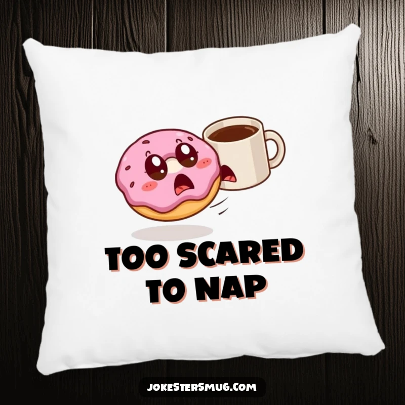 Funny donut with wide eyes is chased by a rogue coffee mug, featured on a soft pillow for humorous comfort.