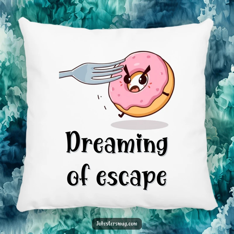 Funny pillow design of a scared donut trying to escape a looming, sharp-toothed fork, a humorous and soft decorative item.