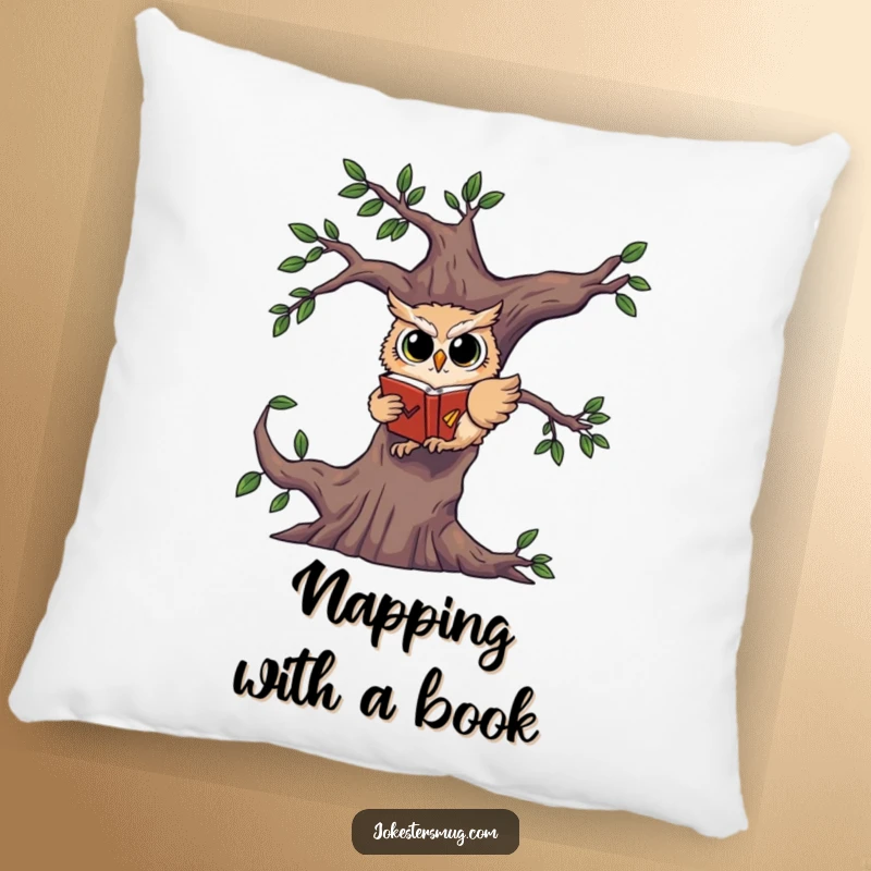 Funny decorative pillow showing a startled owl falling from a tree, clutching a book.
