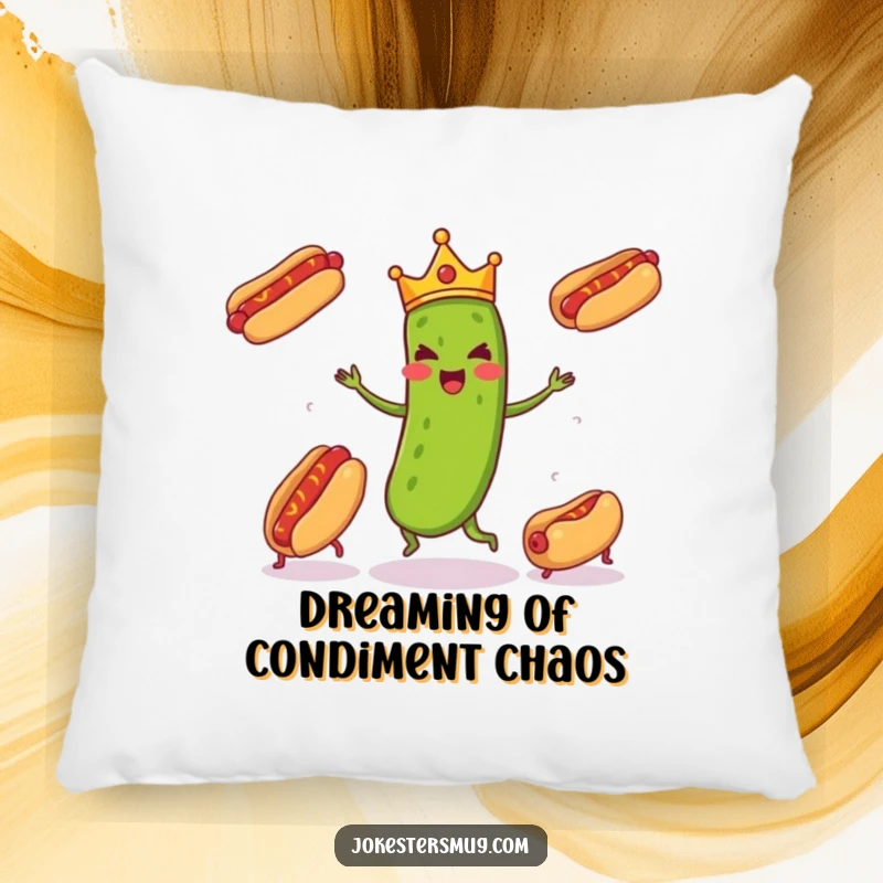 Funny pickle wearing a tiny crown enthusiastically juggling three runaway hot dogs, adding cozy humor to this decorative pillow.