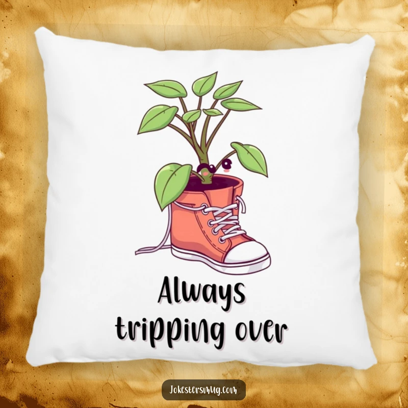Funny Potted Plant Pillow: A plant character is hilariously tying its shoelaces, offering soft, humorous decor and a great funny gift.