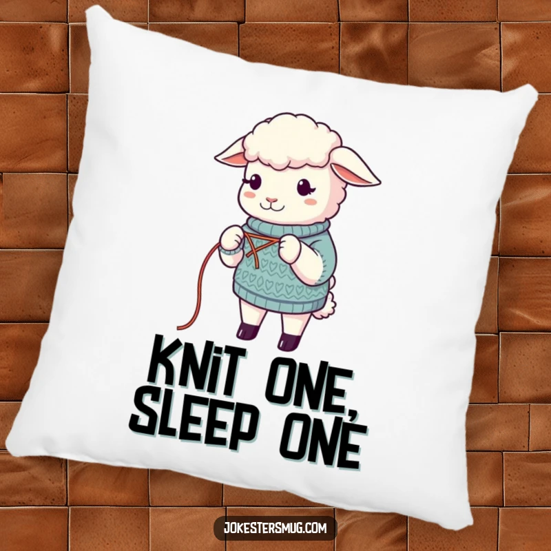 Funny Sheep Pillow: A comical sheep attempts to knit a sweater from its own wool, providing soft, humorous decor. Ideal funny gift.