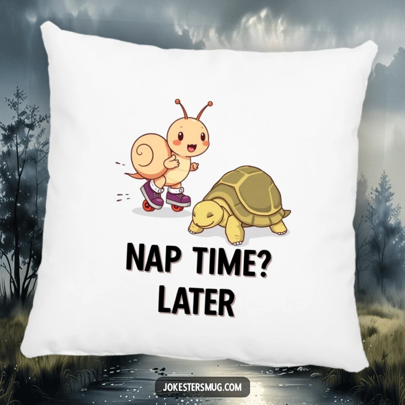 Funny pillow showing a snail on roller skates zooming past a napping tortoise, perfect for adding humorous comfort.