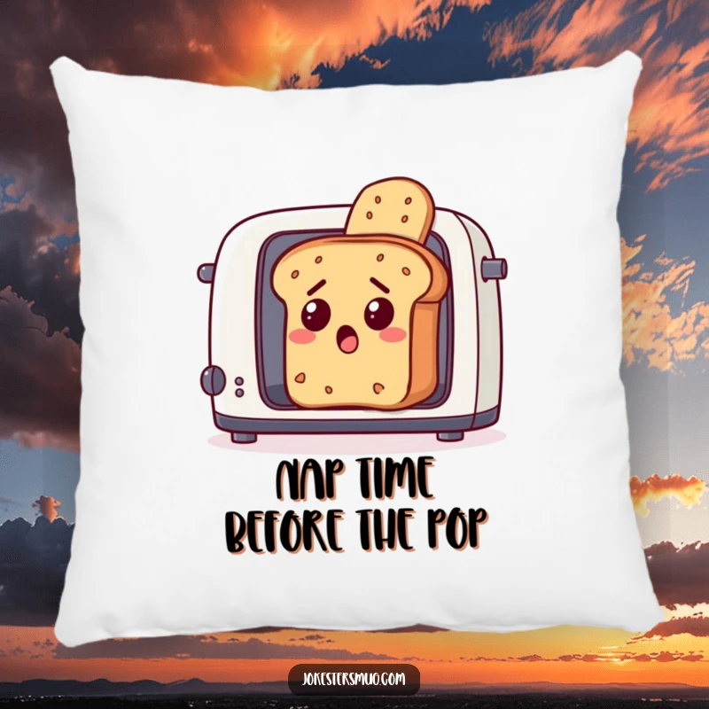 Funny bread loaf, with a surprised expression, escaping a toaster, a soft and humorous decorative pillow.