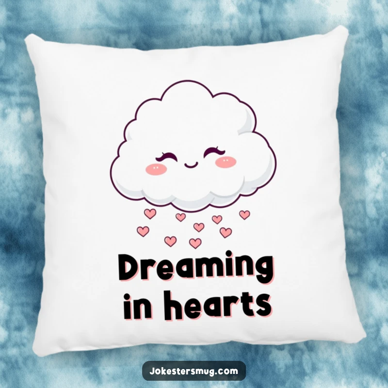 Funny Winking Cloud Pillow: A fluffy cloud winks mischievously, raining hearts, offering soft, humorous decor and a great funny gift.