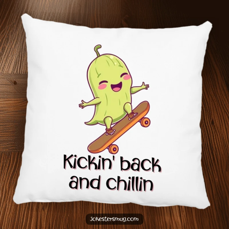 Funny pillow design of a giggling pickle in sunglasses doing an ollie on a skateboard, a soft and humorous accent.