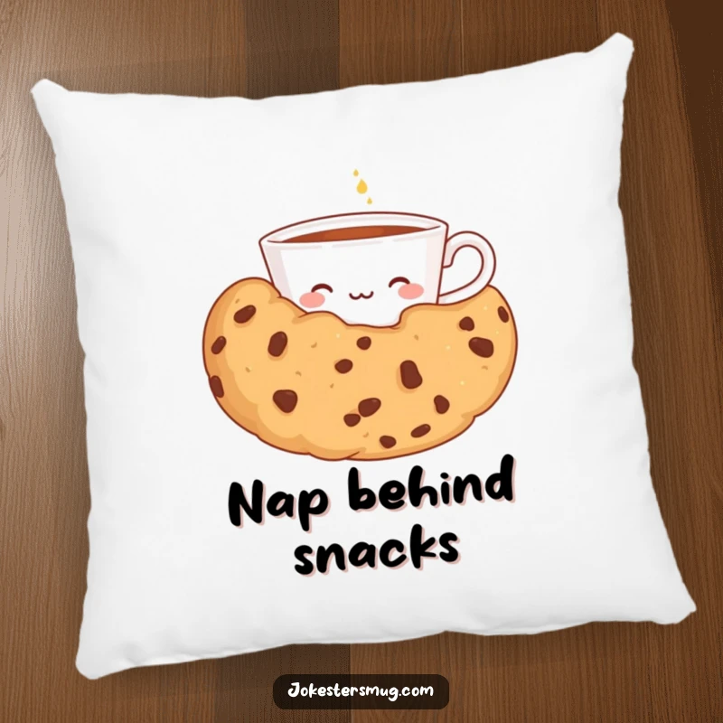 Funny throw pillow depicting a shy teacup peeking from behind a giant cookie, perfect for cozy seating and sweet-themed decor.
