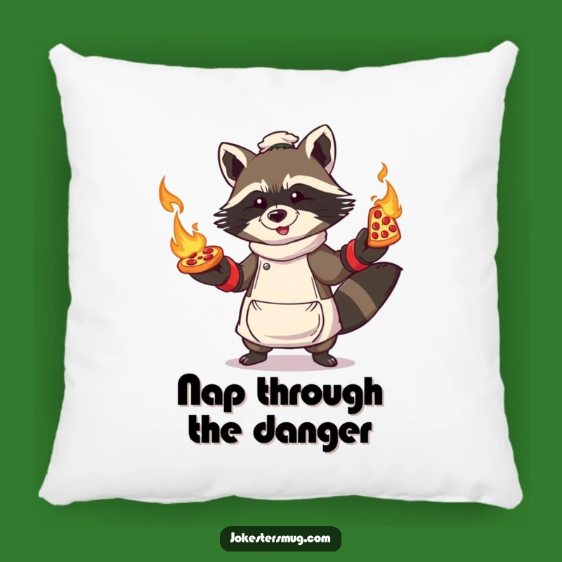 Funny Raccoon Pizza Pillow: Cozy Up with this Flaming Pizza Juggling Character