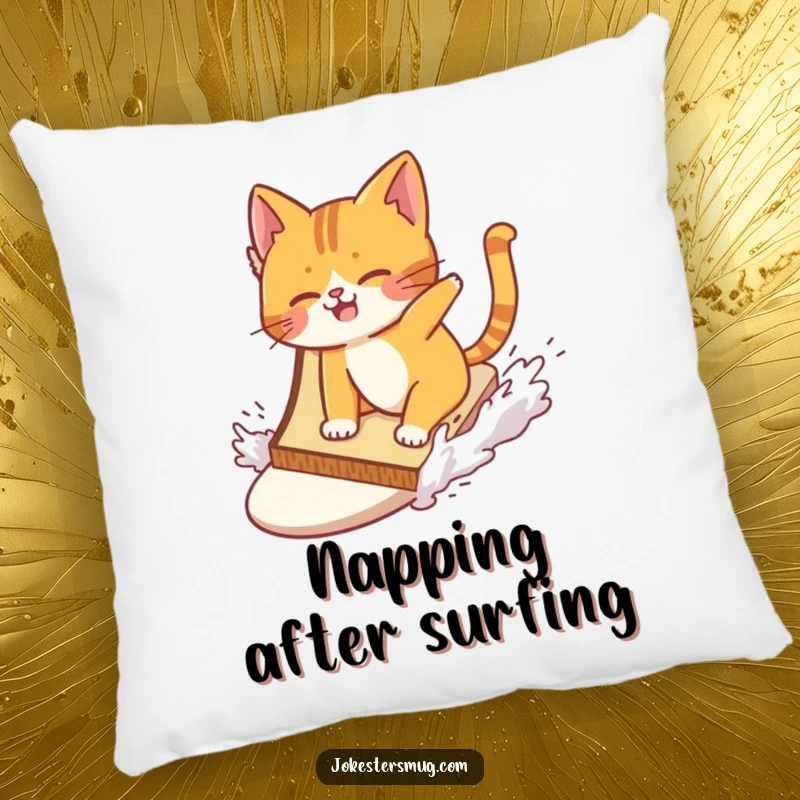 Funny cat wiping out while surfing a giant slice of toast on a pillow, offering comfort and a splash of comical water sport.