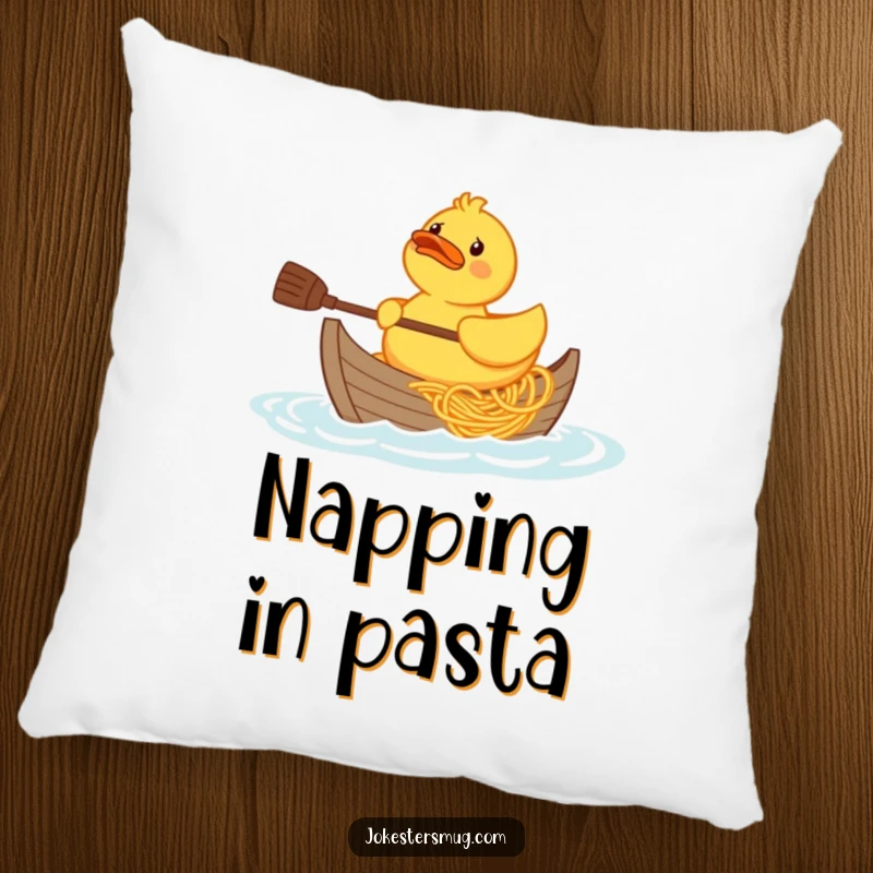 Funny confused rubber duck character trying to paddle a boat made of spaghetti, soft plush pillow for comfort.