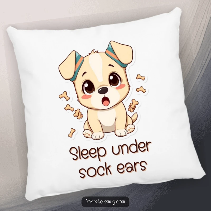 Funny soft pillow featuring a surprised puppy wearing socks on ears and juggling bones, perfect funny gift.