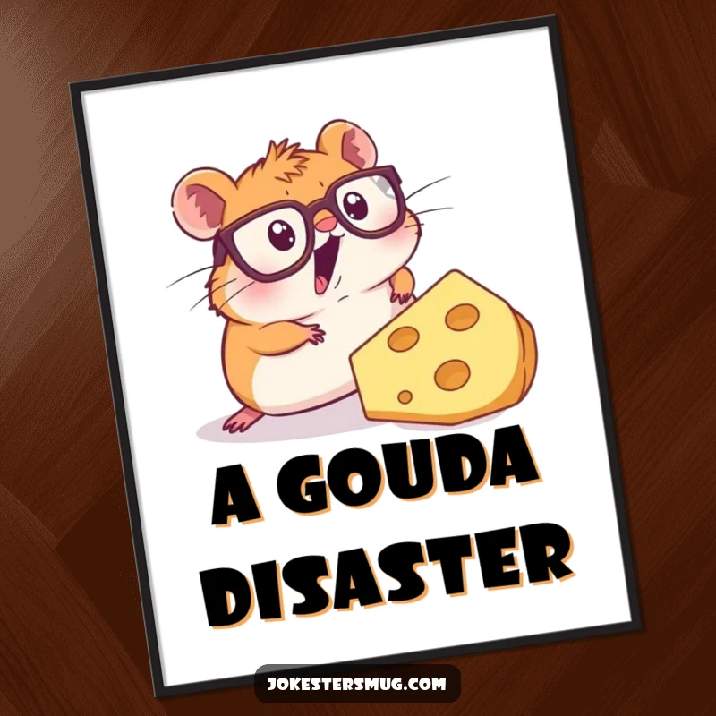 Funny digital art print of a surprised hamster wearing glasses, tripping over a giant slice of cheese, full of comic absurdity.