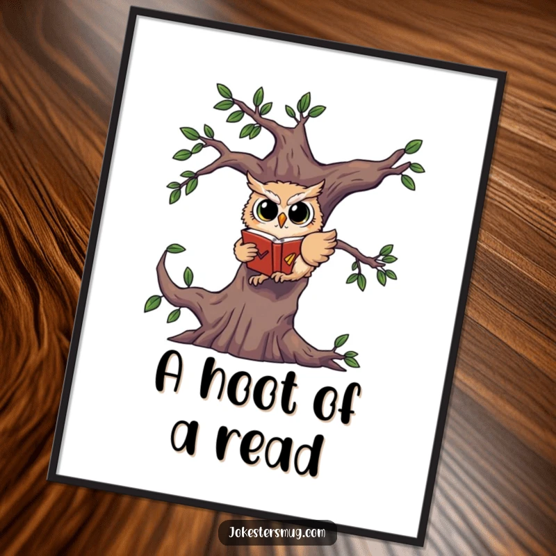 Funny digital art print of a startled owl falling from a tree, tightly clutching a book.