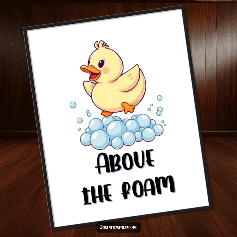 Funny digital art print of a rubber ducky mid-leap over a massive pile of shimmering bubbles, a cheerful and playful piece of art.