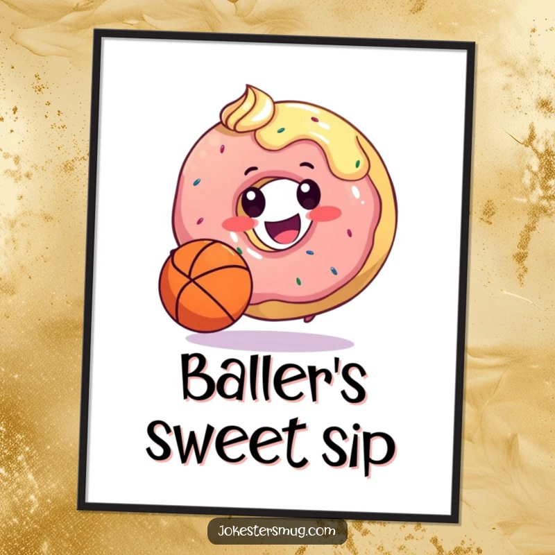 Funny digital art print of a happy donut dribbling a basketball with its frosting, perfect for humorous sports-themed wall decor.