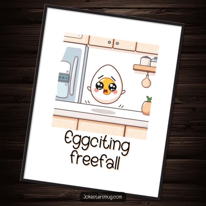 Funny Egg Digital Art Print: A startled egg with wide eyes rolls off a kitchen counter. Instant funny gift for art lovers.