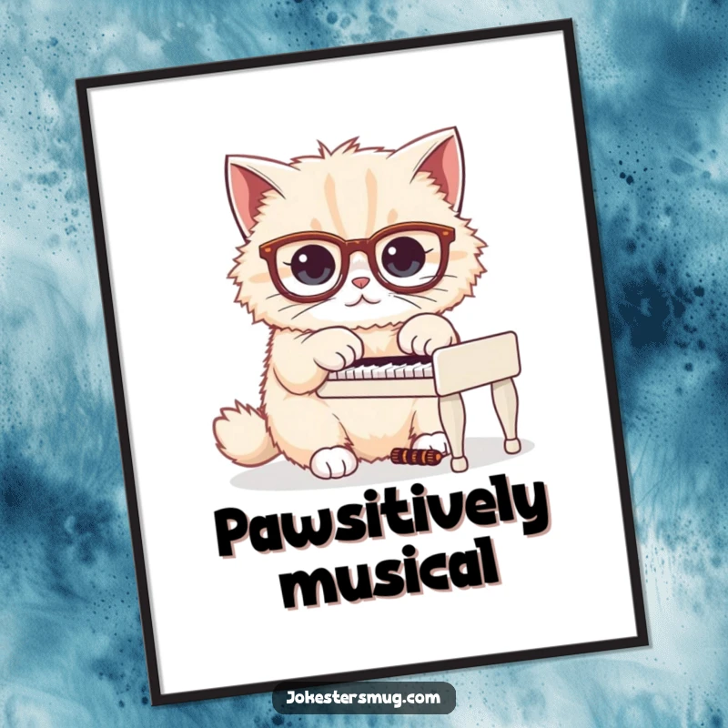 Funny digital art print of a fluffy cat in oversized glasses, humorously attempting to play a miniature piano.