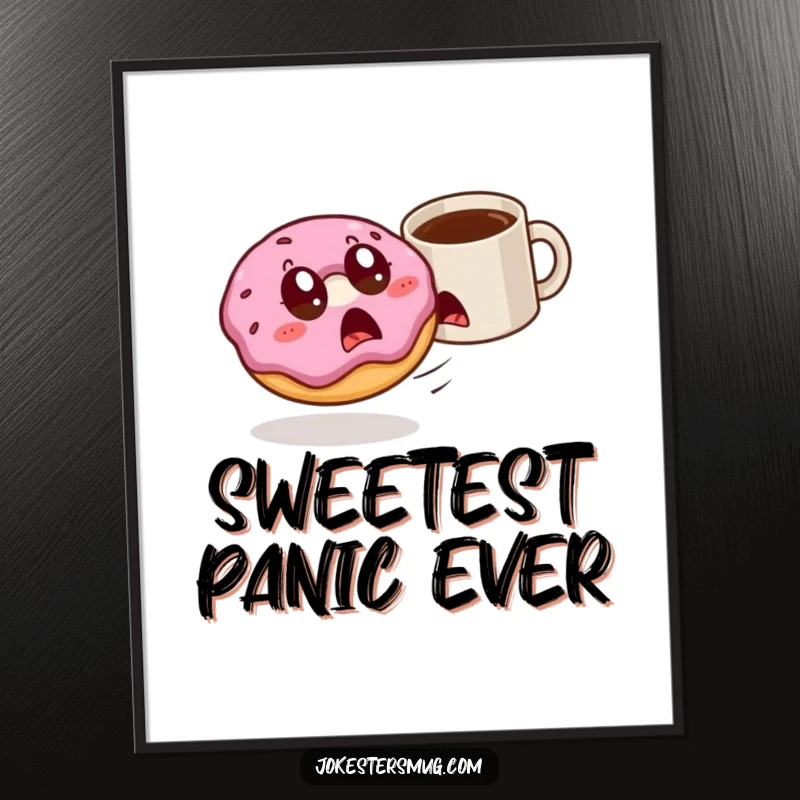 Funny startled donut with wide eyes is chased by a rogue coffee mug, a digital art print of breakfast chaos.