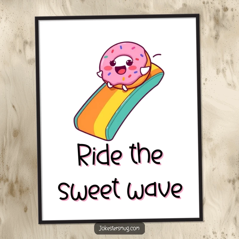 Funny Donut Digital Art Print: A joyful donut character zooms down a rainbow slide, ready to be printed and framed.