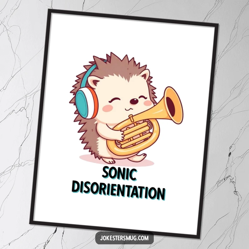 Funny hedgehog tuba digital art print, showing a confused hedgehog playing a tuba backwards with earmuffs on.