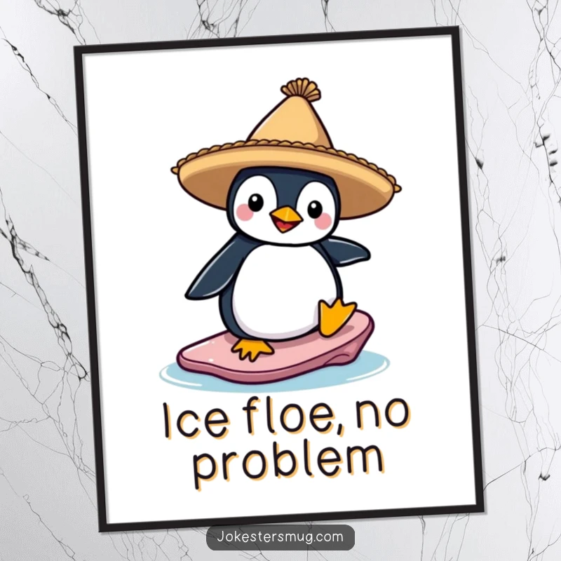 Funny digital art print of a penguin in a sombrero attempting to surf on an ice floe, a whimsical and humorous piece for any room.