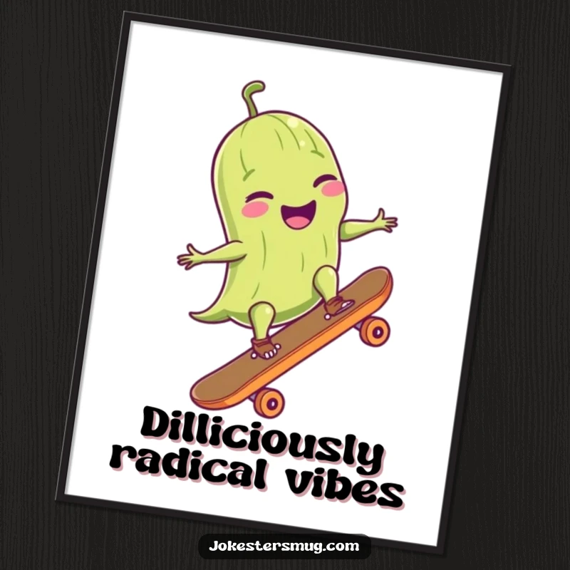 Funny digital art print of a giggling pickle in sunglasses performing a perfect ollie on a skateboard, high-res and humorous.