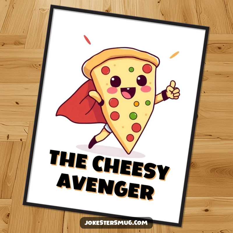 Funny digital art print of a triumphant pizza slice in a cape, striking a superhero pose, high-res and humorous.