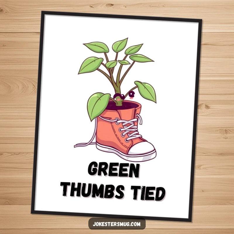 Funny Potted Plant Digital Art Print: A plant character humorously ties its shoelaces, ready to be printed and framed as funny decor.