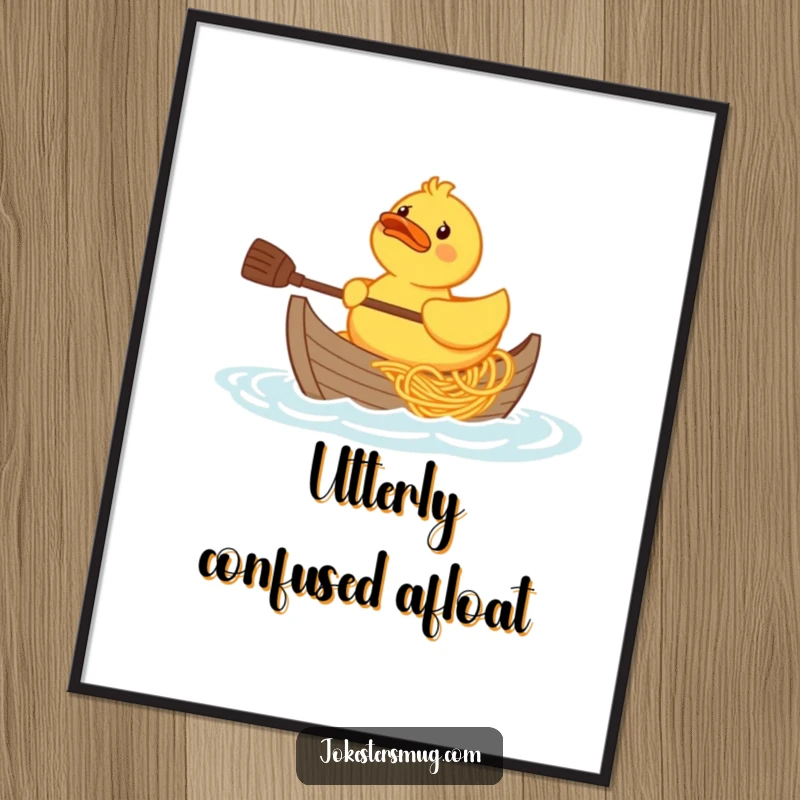 Funny confused rubber duck character trying to paddle a boat made of spaghetti, digital artwork for instant download.