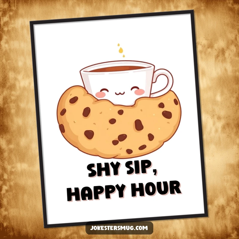 Funny digital art print of a shy teacup peeking from behind a giant cookie, perfect for sweet and humorous wall decor.