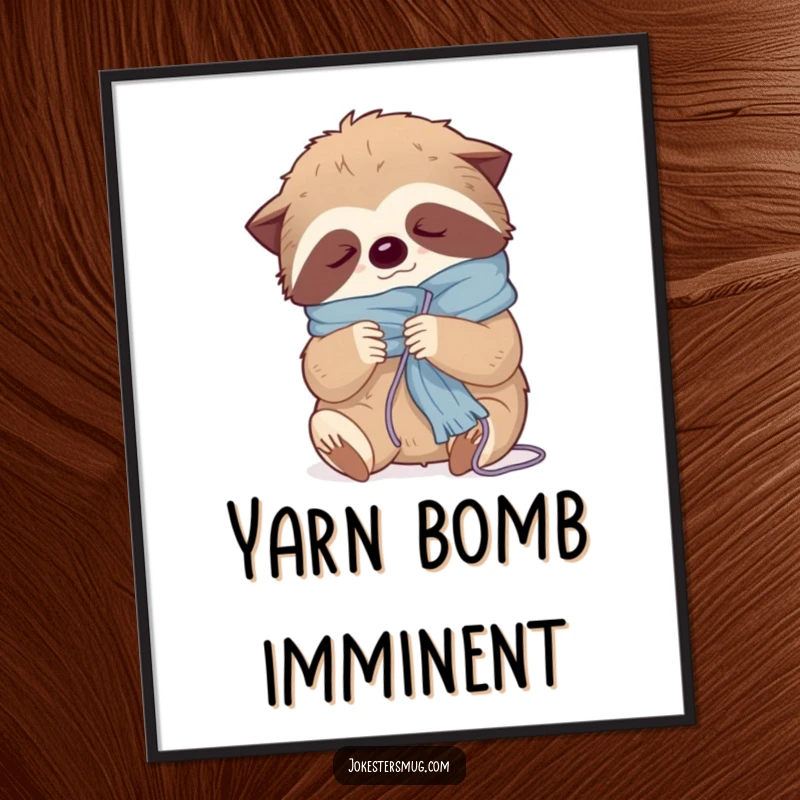 Funny digital art print of a sleepy sloth hilariously tangled in yarn while attempting to knit a scarf, embodying crafting coziness.