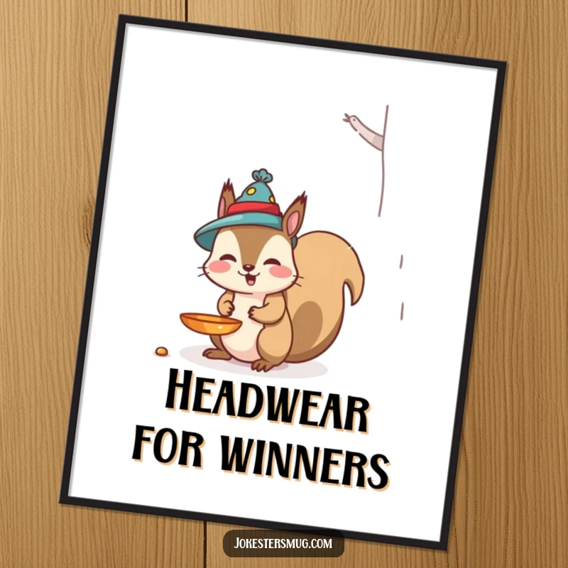 Funny Squirrel Digital Art Print: A mischievous squirrel humorously wears a bird feeder as a hat, ready to be printed and framed.