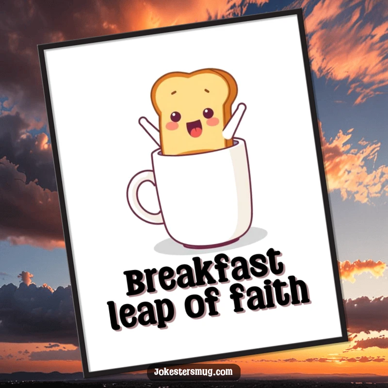 Funny digital art print of a piece of toast humorously jumping from a toaster into a mug, full of breakfast joy.