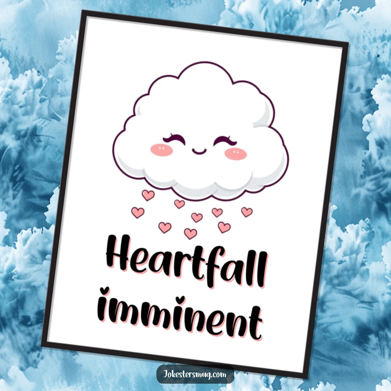 Funny Winking Cloud Digital Art Print: A fluffy cloud winks mischievously, raining tiny hearts, ready to be printed and framed.