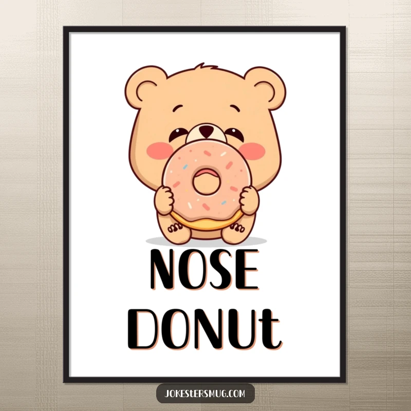 Funny digital art print of a bewildered bear with a donut on its nose, instant download decor.
