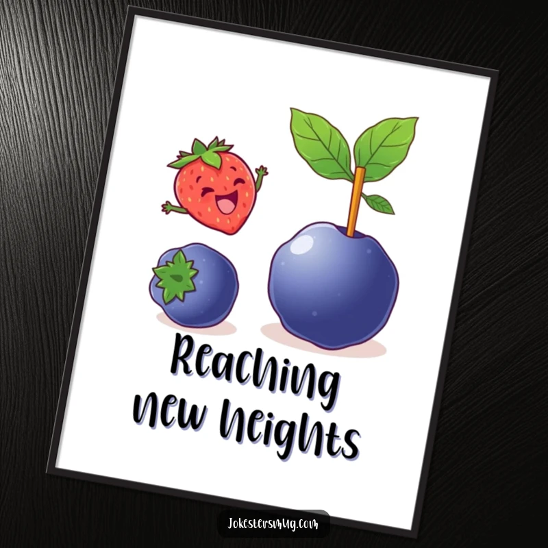 Funny digital art print of a delighted strawberry pole vaulting over a large blueberry, high-res and humorous.