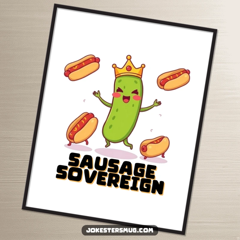Funny pickle wearing a tiny crown enthusiastically juggling three runaway hot dogs, a humorous digital artwork download for instant decor.