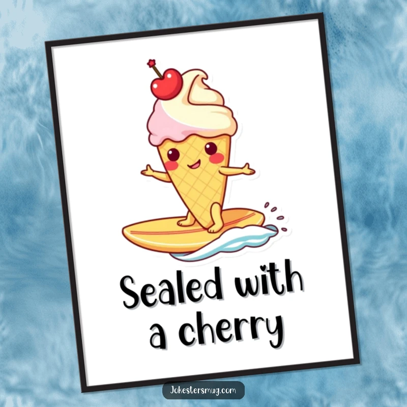 Funny ice cream cone with crown surfs a banana surfboard, a digital art print radiating fun and playful energy.