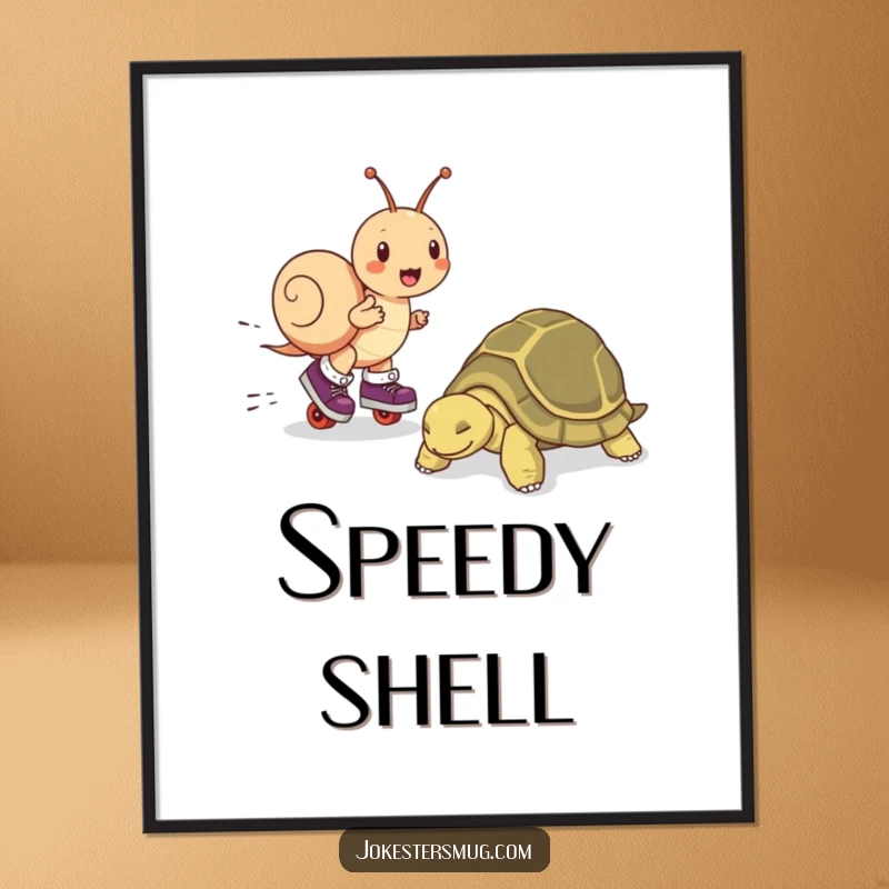 Funny digital art print showing a snail on roller skates whizzing past a napping tortoise, ideal for humorous wall decor.