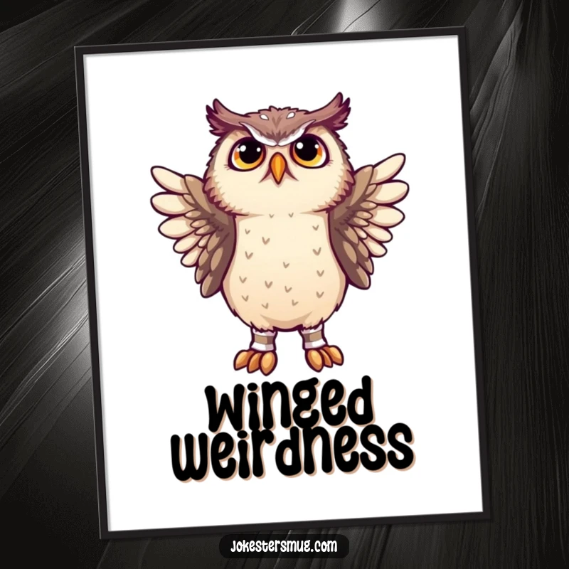 Funny owl looking confused while wearing socks on its wings, as a digital art print for instant whimsical and humorous wall decor.