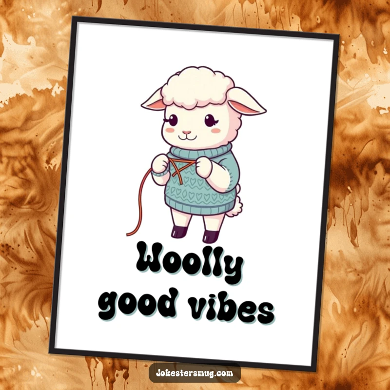 Funny Sheep Digital Art Print: A sheep humorously attempts to knit a sweater from its own wool. Instant funny gift for art lovers.