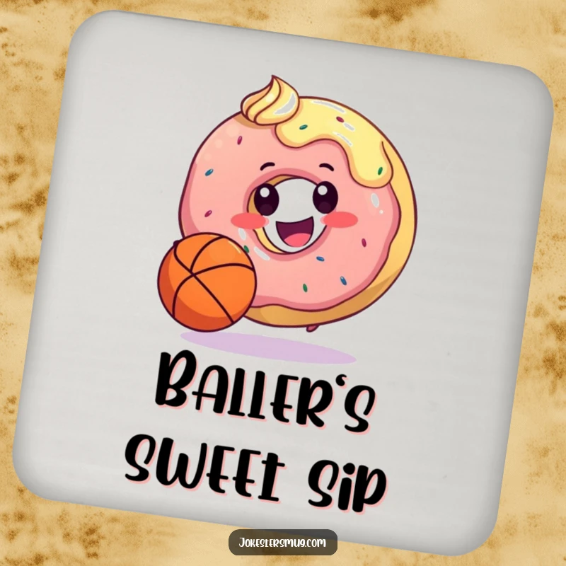 Funny coaster set featuring a happy donut dribbling a basketball with its frosting, protecting surfaces with sweet and humorous sports flair.