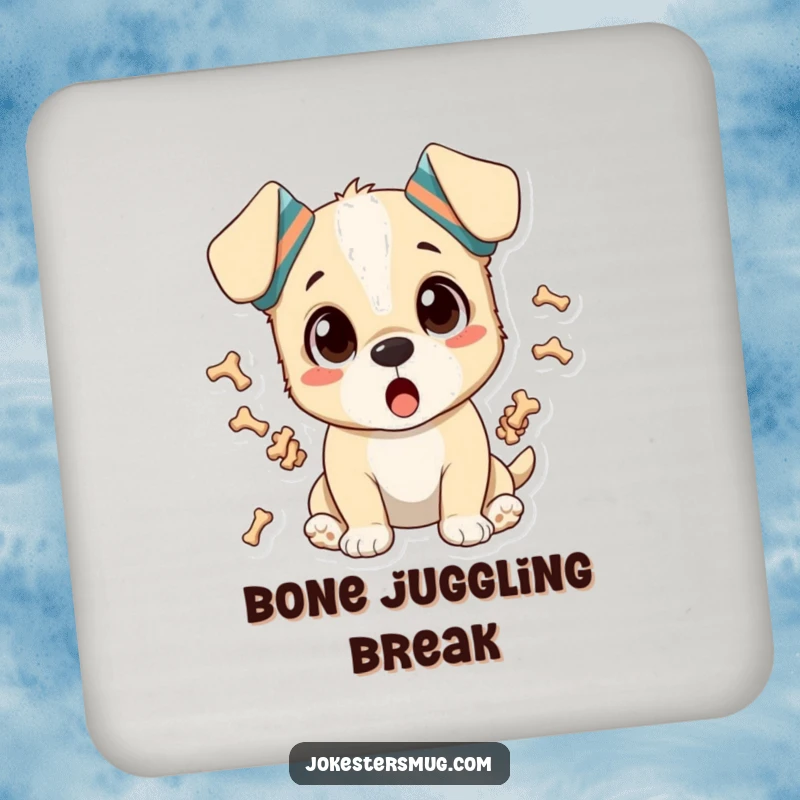 Funny drink coaster featuring a surprised puppy wearing socks on its ears, juggling bones, protects surfaces.