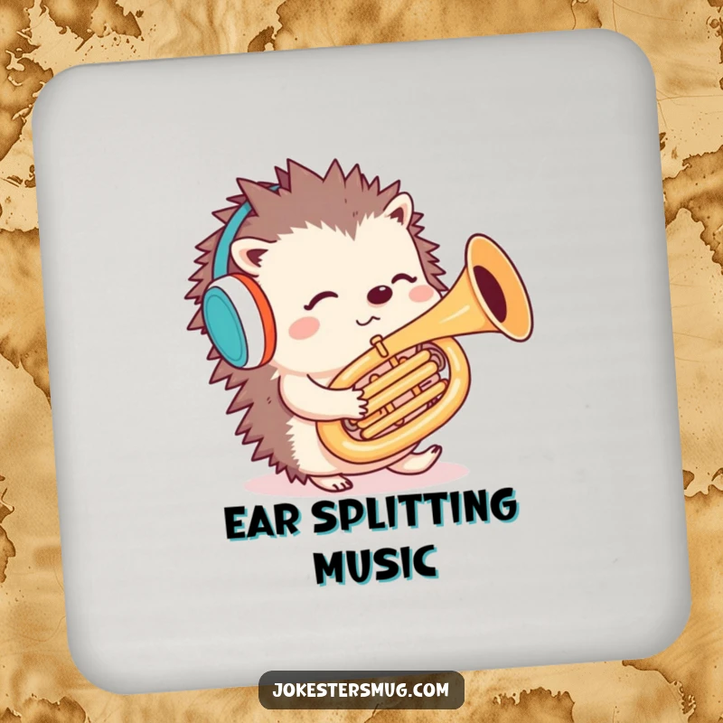 Funny hedgehog tuba coaster featuring a confused hedgehog playing a tuba backwards, a cute and humorous accessory.