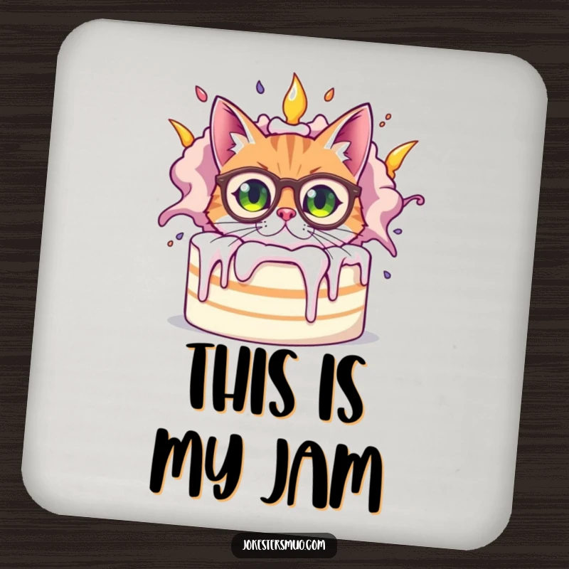 Funny bewildered cat wearing oversized spectacles peeking from behind a giant, exploding cake, a humorous detail on this protective drink coaster.