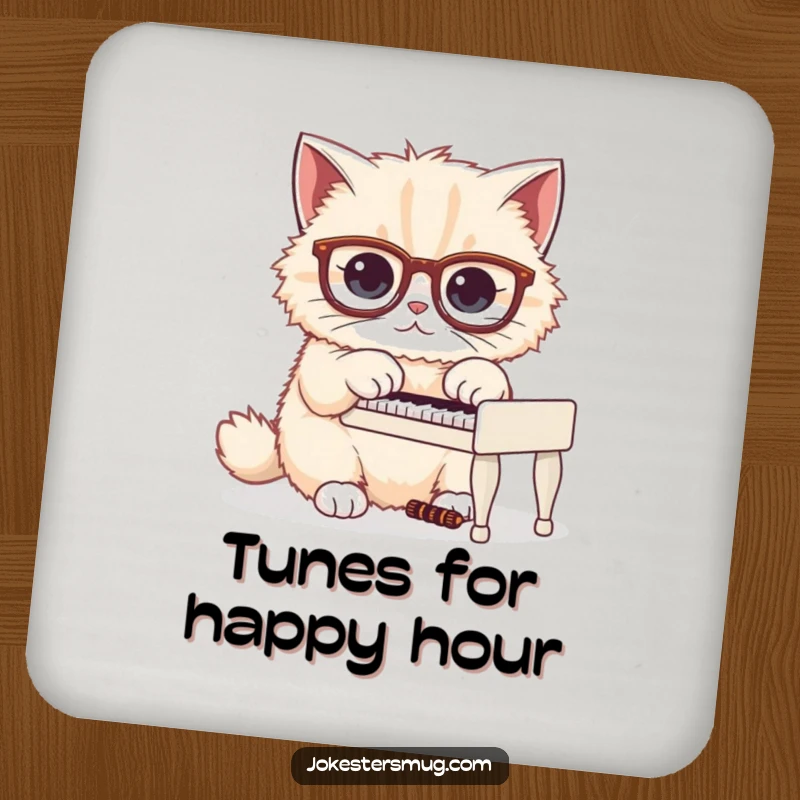 Funny drink coaster depicting a fluffy cat wearing large glasses, humorously playing a tiny piano.