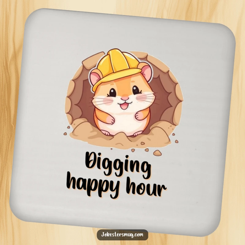 Funny hamster in a hard hat digs a tunnel on a drink coaster, offering protective humor for tables.