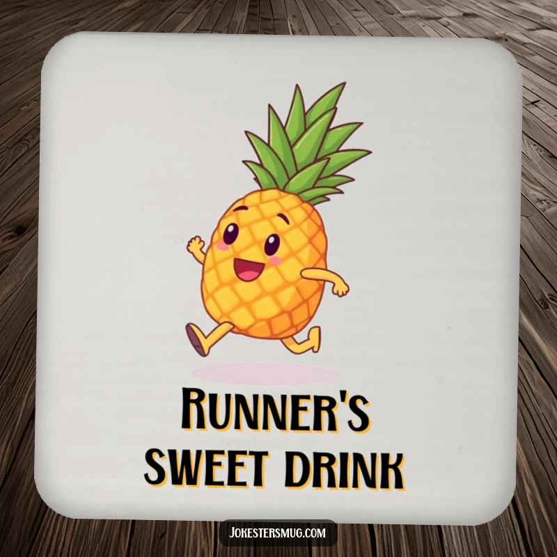 Funny coaster set featuring a pineapple with tiny legs humorously running a marathon, protecting surfaces with athletic charm.